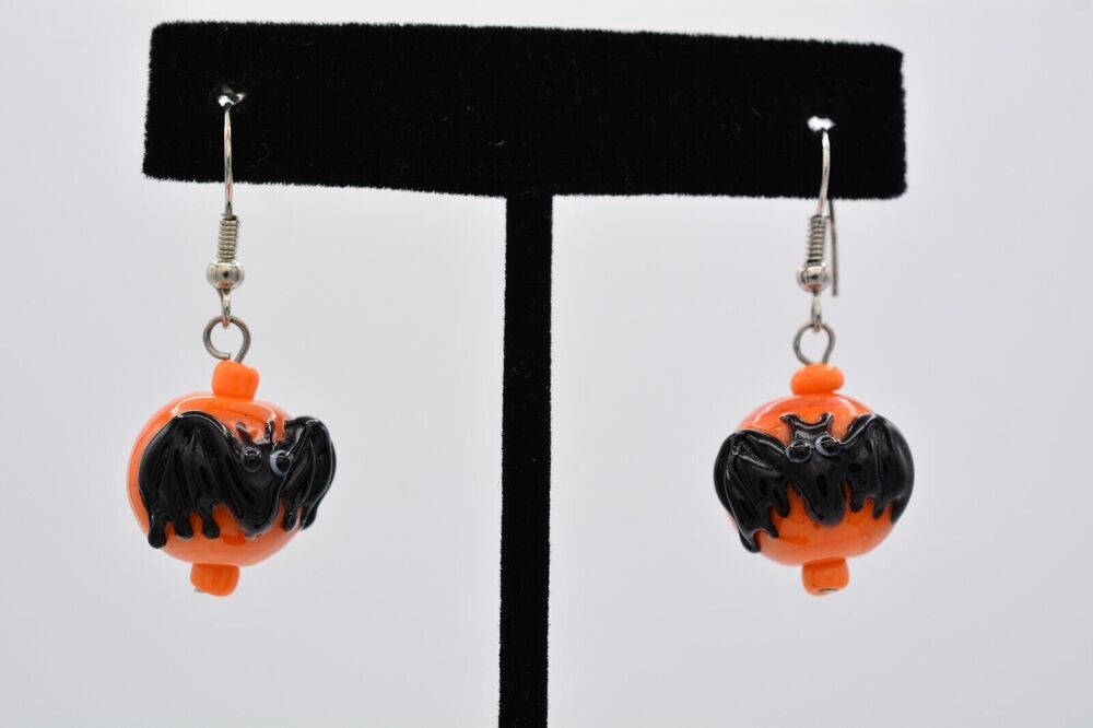 Vintage Halloween Earrings Blown Glass Orange Black Bat Dangle Artisan 1990s 9D